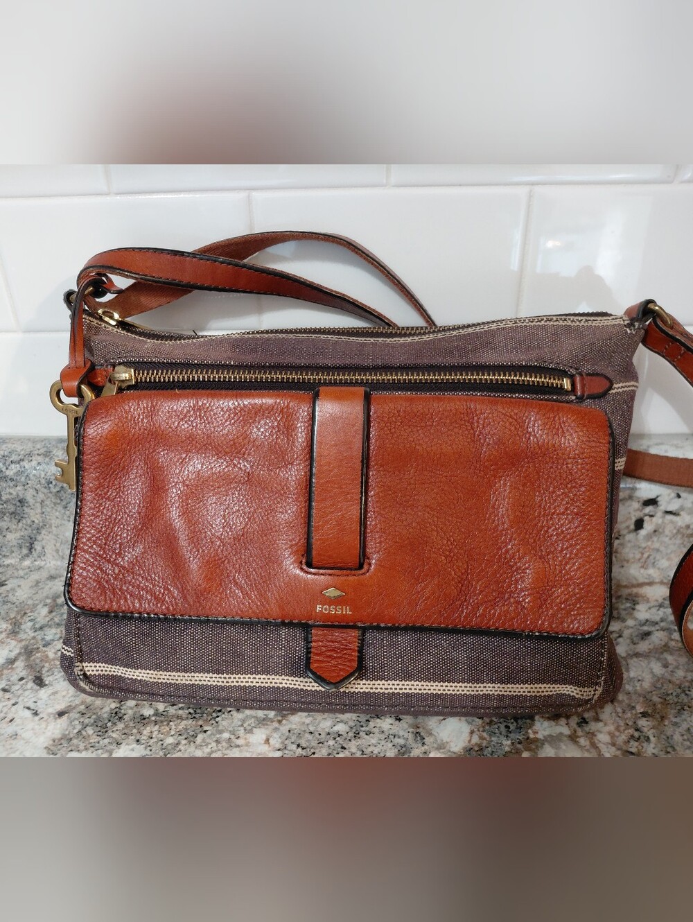 Fossil Women's Kinley Gray Brown Striped Leather & Canvas Crossbody Bag